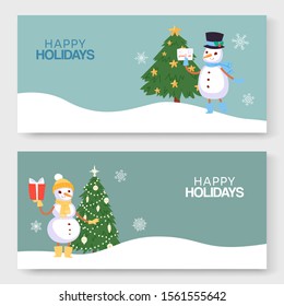 Happy winter holidays, New Year and Christmas vector illustration of two banners. Winter landscape with snowflakes, christmas tree and cartoon snowmen for winter hoidays. Greeting cards.