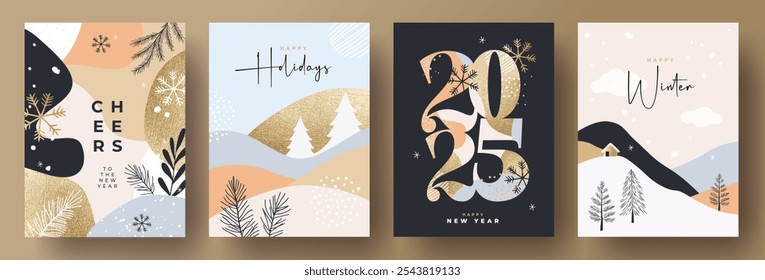 Happy Winter Holidays and New Year's Eve 2025 set of greeting card, poster, web banner, holiday cover. Xmas design template in trendy boho style with doodles for ads, sales, print and season greetings