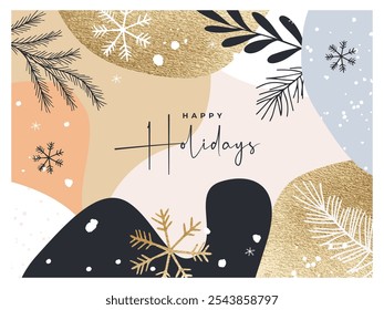 Happy Winter Holidays and New Year's Eve greeting card, poster, web banner, holiday cover. Xmas design template in trendy boho style with doodles for ads, sales, print and season greetings