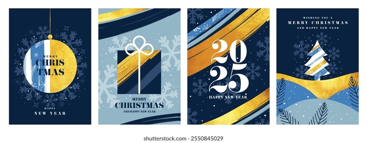 Happy Winter Holidays and New Year's Eve 2025 set of greeting card, poster, web banner, holiday cover. Xmas design template in trendy art style with doodles for season greetings. Vector illustration