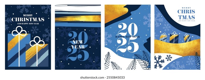 Happy Winter Holidays and New Year's Eve 2025 set of greeting card, poster, web banner, holiday cover. Xmas design template in trendy art style with doodles for season greetings. Vector illustration