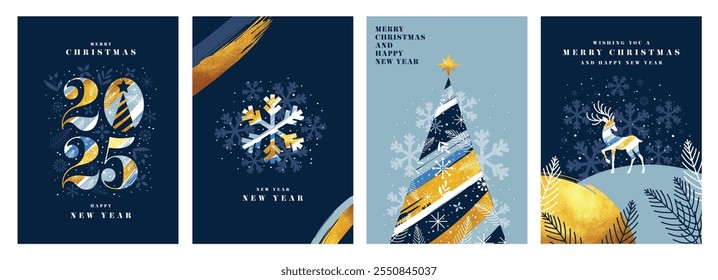 Happy Winter Holidays and New Year's Eve 2025 set of greeting card, poster, web banner, holiday cover. Xmas design template in trendy art style with doodles for season greetings. Vector illustration