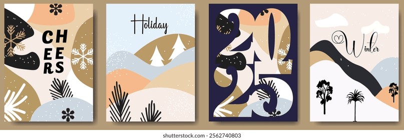 Happy Winter Holidays and New Year's Eve 2025 set of greeting card, poster, web banner, holiday cover. Xmas design template in trendy boho style with doodles for ads