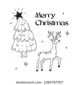 Postal feliz de las vacaciones de invierno. Gráficos de Navidad dibujados a mano. Conjunto de elementos de vacaciones para el diseño. Tarjeta navideña con ciervo y árbol en forma de doodle. Ilustración de material vectorial sobre fondo blanco. 