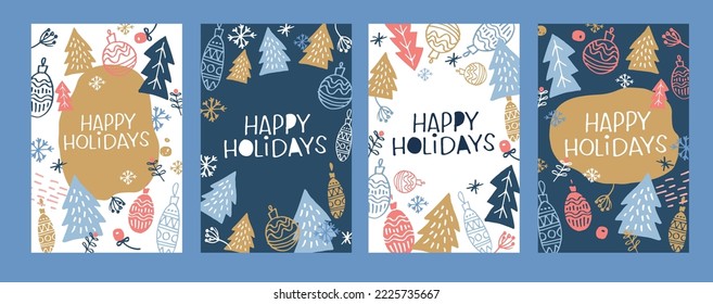 Happy winter holidays postcard. Merry Christmas and happy new year lettering. Holly jolly set.