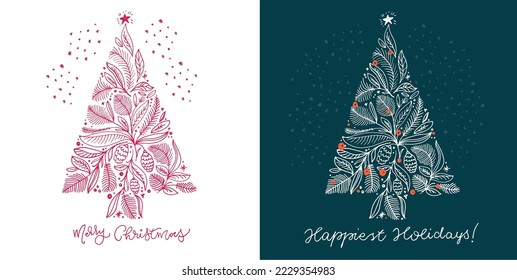 Postal feliz de las vacaciones de invierno. Feliz Navidad y feliz año nuevo con letras. Holly jolly. Feliz y luminoso. 