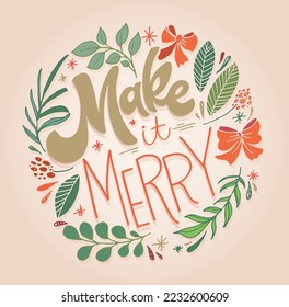 Happy winter holidays postcard. Seasons greetings.  Merry Christmas and happy new year lettering. Holly jolly. Merry and bright.