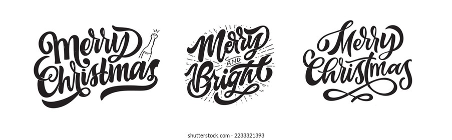 Happy winter holidays postcard. Seasons greetings.  Merry Christmas and happy new year lettering. Holly jolly. Merry and bright.