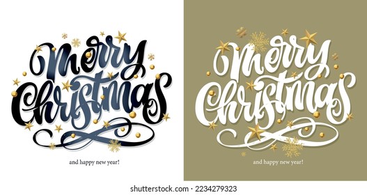 Happy winter holidays postcard. Seasons greetings.  Merry Christmas and happy new year lettering. Holly jolly. Merry and bright.