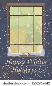 Happy winter holidays. Postcard with window. Stock vector illustration