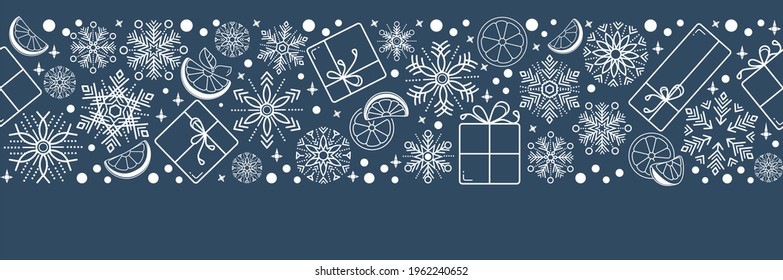 Happy winter holidays seamless banner with snowflakes, gifts, presents and oranges. Vector dark blue and white  snow flakes texture for greeting, headers and wrapping papers design