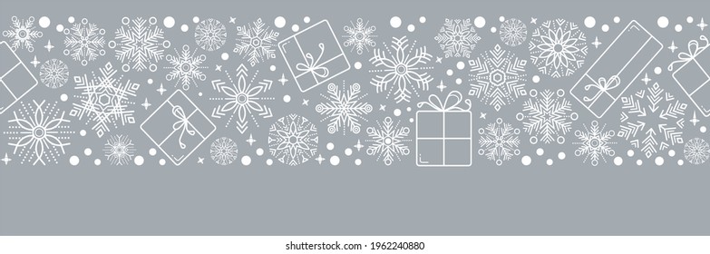 Happy winter holidays seamless banner with snowflakes, gifts, presents and oranges. Vector gray and white  snow flakes texture for greeting, headers and wrapping papers design