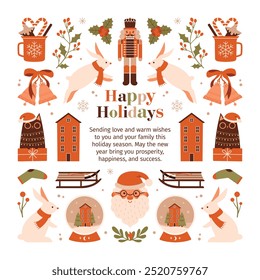 Happy Winter Holidays. Square template of greeting banner, card to New Year, Christmas. Ornament of naive illustrations with nutcracker, cat in santa hat, snow globe, decoration, rabbits, bells, text