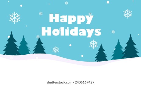 Happy Winter Holidays template banner. Winter snowy landscape background, snowflakes, and trees. Vector illustration