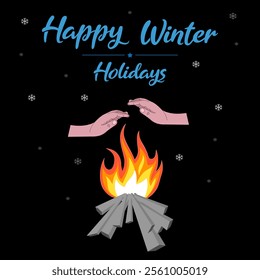 Happy winter holidays text with hands on fire place in snow night black background