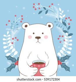 Happy winter holidays. Winter time. Vector illustration. Postcard Happy winter. The image of a polar bear on a blue background.
