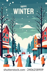 Happy Winter Holidays town banner People in warm clothes walking on the street Vector illustration