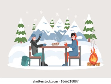Happy winter holidays vector flat concept. Smiling man and woman in warm clothes sitting outdoor near campfire, eating barbecue, drinking hot coffee or mulled wine. Winter camping illustration.