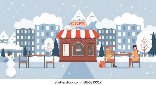 Happy winter holidays vector flat concept. Smiling man and woman in warm clothes sitting in outdoor cafe at winter park, drinking hot coffee or mulled wine. Christmas holidays illustration.