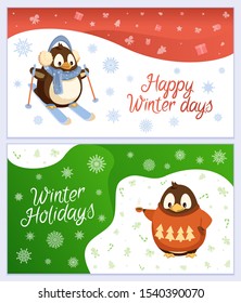 Happy winter holidays vector, set of greeting card with animals. Penguin wearing warm clothes skiing outdoors. Bird in sweater with pine tree print holding cup of hot beverage, coffee or tea