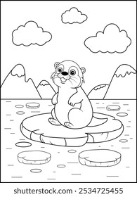 Happy Winter Otter on Ice in Mountain Scene. Simple Line Art for Kids Coloring Pages.