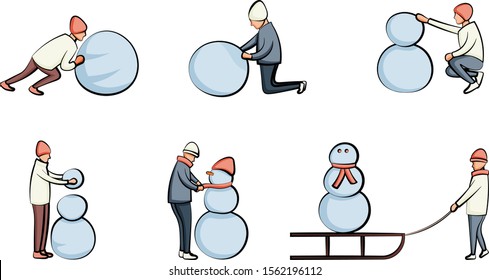 Happy winter people making a snowman. Hand drawn style cartoon vector illustration. Character design template set for banner, website, landing page, poster, book cover, presentation and advertising. 