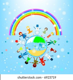 happy winter preschool world - composition with kids, rainbow, snowflakes and earth planet