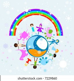 happy winter preschool world - composition with kids, animals and earth planet