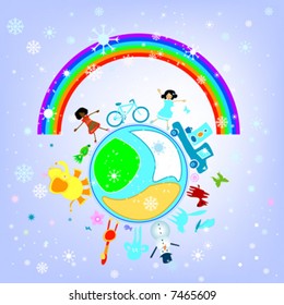 happy winter preschool world - composition with kids, animals and earth planet