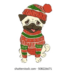 Happy winter pug dog, vector illustration