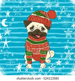 Happy winter pug dog, vector illustration