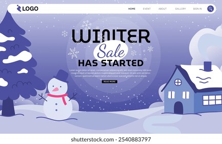 Happy Winter Sale. Website Landing Page. Hello Winter season.Template for Greeting,Sale, Promotion. Snowfall, Snowy weather. welcome winter design.