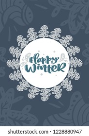 Happy winter scandinavian xmas vector calligraphy lettering text in Christmas greeting card design. Hand drawn illustration with floral texture background. Isolated objects