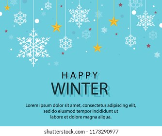 Happy Winter season background snow flakes and stars. sale banner. season off. discount poster. layout advertising. Vector Illustration.