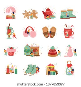 Happy winter set of flat icons and isolated images of warm clothes gifts and human characters vector illustration