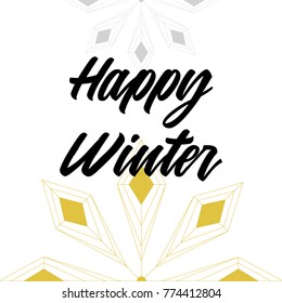 Happy winter text and lettering. Holiday typography vector illustration design. Letters with gold and grey flakes. Use as card, print.