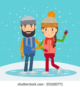 Happy winter time. Young couple skates. Winter holidays activity. Vector illustration.