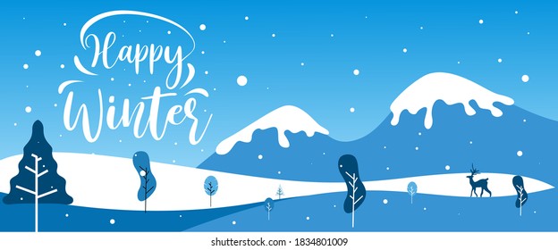 Happy winter with typography style and winter scenery background with snowflakes, lights, stars. Merry Christmas. Vector Illustration