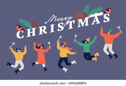 Happy winter vacation. Warmly dressed people are jumping with sparkles . Merry christmas holiday. Vector illustration in a flat style