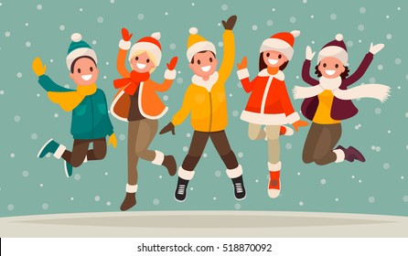 Happy winter vacation. Warmly dressed people in the jump. The concept of active rest and joyful pastime. Vector illustration in a flat style