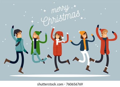 Happy Winter Vacation. Warmly Dressed People In The Jump. Merry Chrismas Vocation. Vector Illustration In A Flat Style