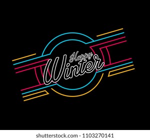 happy winter, vector beautiful greeting card with neon theme
