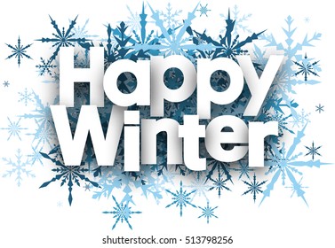 Feliz invierno de fondo blanco con copos de nieve azules. Ilustración vectorial.