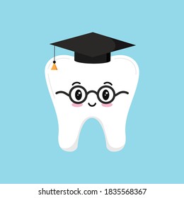 Happy wisdom tooth in glasses  and black graduate hat. Vector illustration of educational logo with cute student character. Flat design cartoon tooth concept of children's dentistry school education.