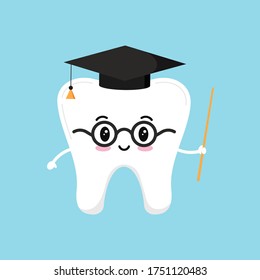 Happy wisdom tooth in glasses with pointer and black graduate hat. Vector illustration of educational logo with cute kawaii character. Flat design cartoon style tooth concept of children's dentistry. 