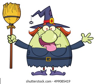 Happy Witch Cartoon Mascot Character Holding A Broom. Vector Illustration Isolated On White Background