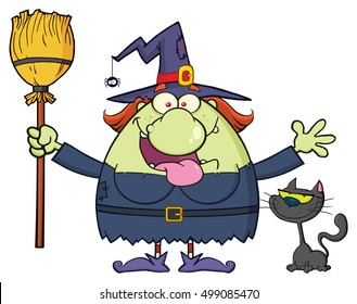 Happy Witch Cartoon Mascot Character Holding A Broom With Black Cat. Vector Illustration Isolated On White Background