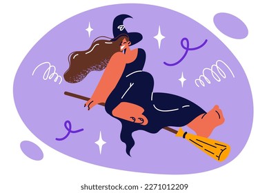 Happy witch flies on broomstick and laughs as she moves in night sky during Halloween. Woman sorceress dressed in witch hat and cloak soars in air to increase fear and horror in people