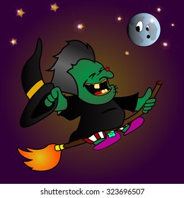 Happy witch flying on the broom