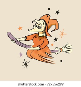 A happy witch flying on a broom stick on Halloween. Vector illustration